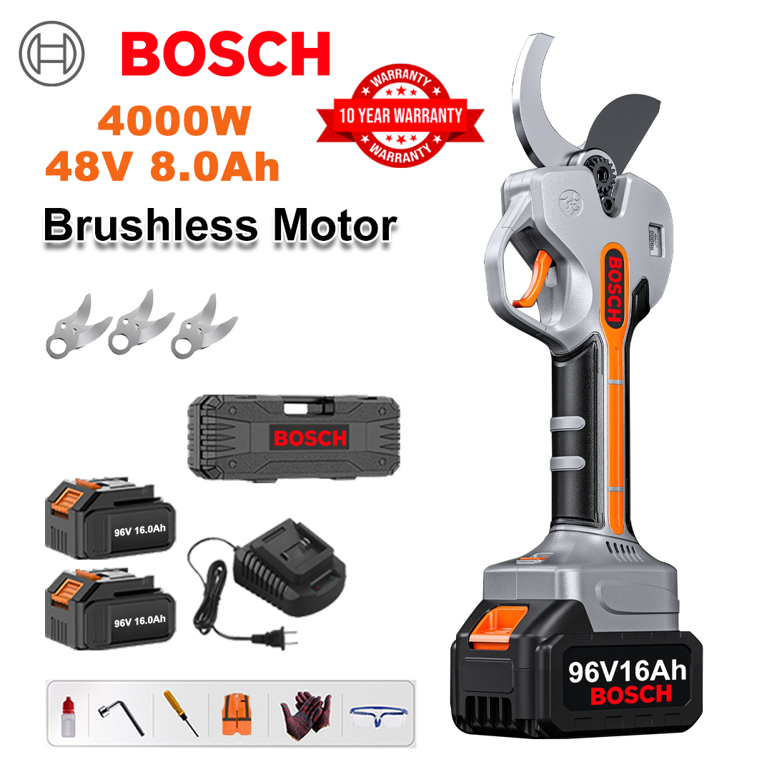 Foarfece de grădinărit cu baterie litiu fără perii de 4000W + 2 baterii de 48V 8Ah + 3 lame din aliaj Sk9 + încărcător + afișaj LED + cutie de scule + ulei lubrifiant + ochelari de protecție + garanție de 10 ani