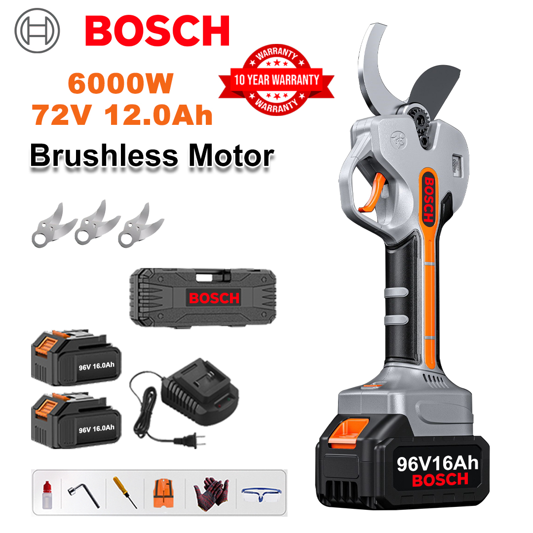 Foarfece de grădinărit cu baterie litiu fără perii de 6000W + 2 baterii de 78V 12Ah + 3 lame din aliaj Sk9 + încărcător + afișaj LED + cutie de scule + ulei de lubrifiere + ochelari de protecție + garanție de 10 ani