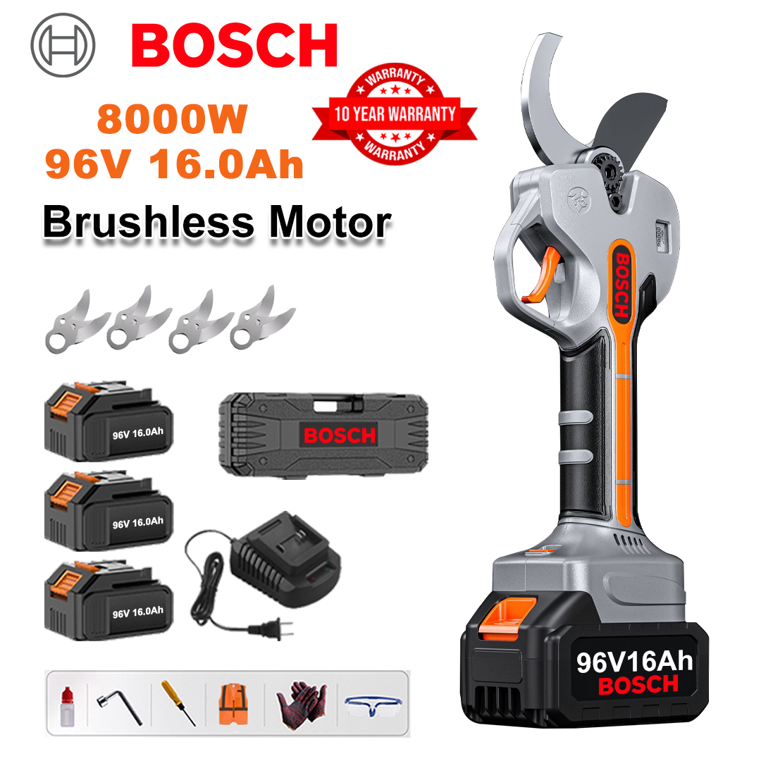 Foarfece de grădinărit cu baterie litiu fără perii de 8000W + 3 baterii de 96V 16Ah + 4 lame din aliaj Sk9 + încărcător + afișaj LED + cutie de scule + ulei lubrifiant + ochelari de protecție + garanție de 10 ani