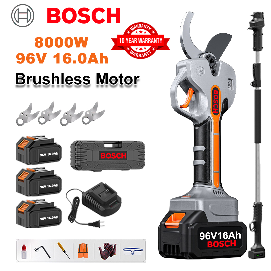 [Tijă prelungitoare 1,5-5 m] Foarfece de grădinărit cu baterie litiu fără perii de 8000 W + 3 baterii de 96 V 16 Ah * 3 + 4 lame din aliaj Sk9 + încărcător + afișaj LED + cutie de scule + ulei lubrifiant + ochelari de protecție + garanție de 10 ani